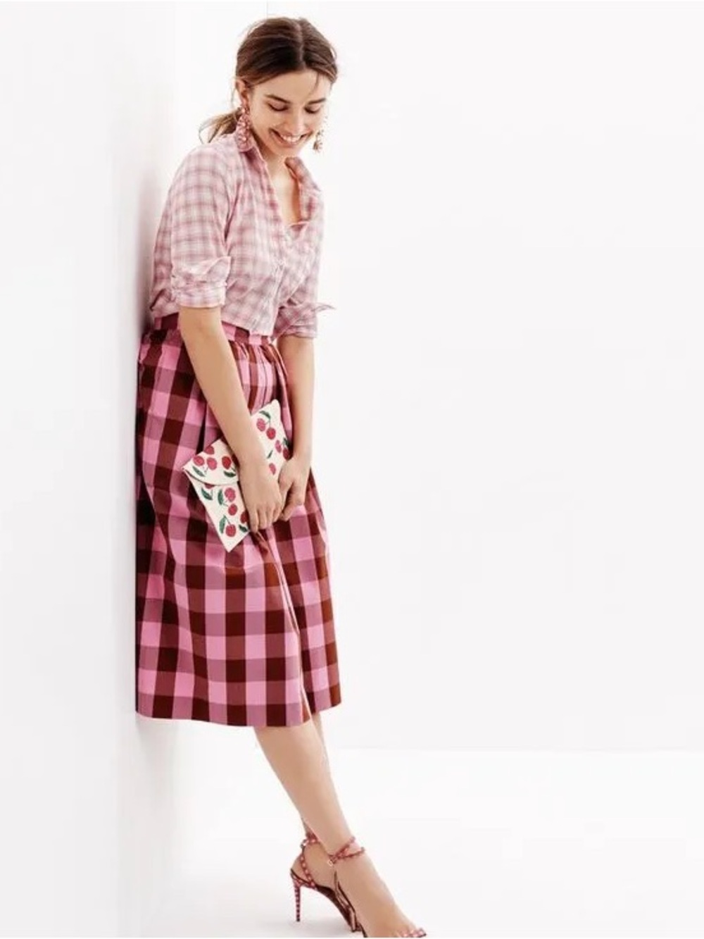 J. Crew Pink and Brown Gingham Midi Skirt with bow in back